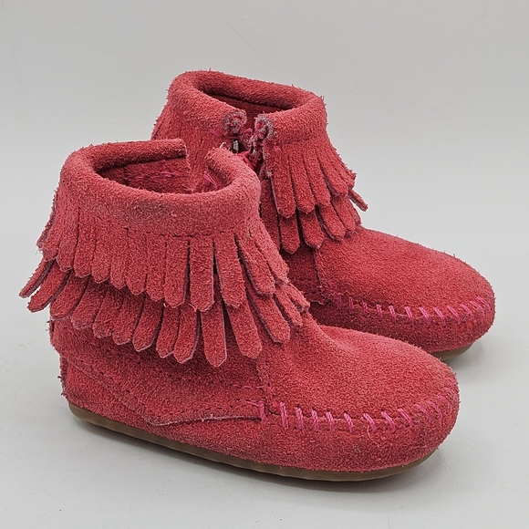 Minnetonka pink suede double Fringe baby booties size 2 - Picture 7 of 16